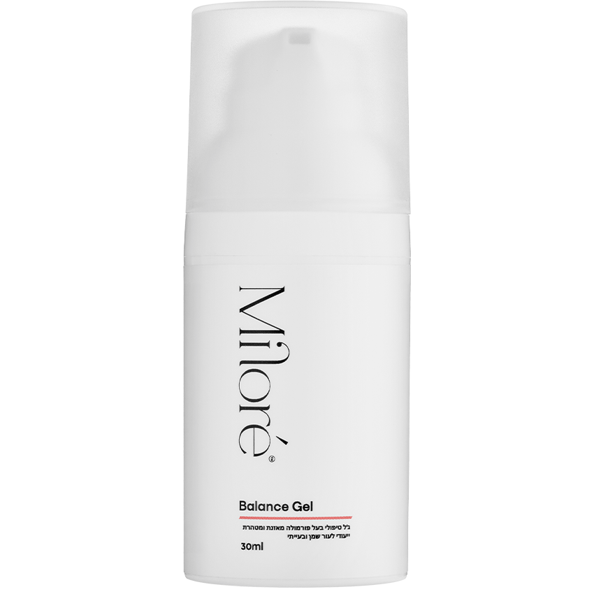 בקבוק באלנס ג'ל (Balance Gel) של מותג Milore, ג'ל טיפולי המיועד לטיפול בעור נוטה לפצעונים ועור שמן.