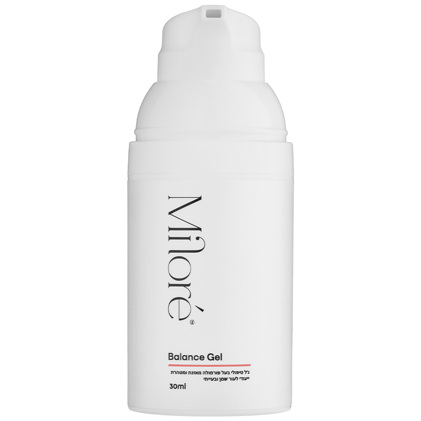 בקבוק משאבה לבן של באלנס ג'ל (Balance Gel) מבית מילור (Milore), בגודל 30 מ"ל. ג'ל טיפולי לעור שמן ונוטה לפצעונים.